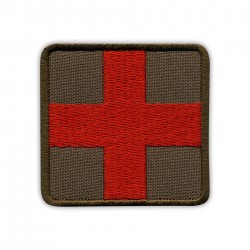 RED Medic Cross on DARK OLIVE background - square